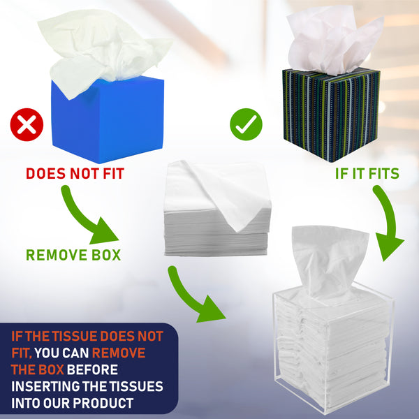 Acrylic Tissue Box Holder, Square Clear Tissue Box Dispenser for Facial Tissue, Napkins, Dryer Sheets. Perfect for Bathroom, Desks, Countertop, Vanity, Bedroom Dressers, Night Stands (Square, Clear)