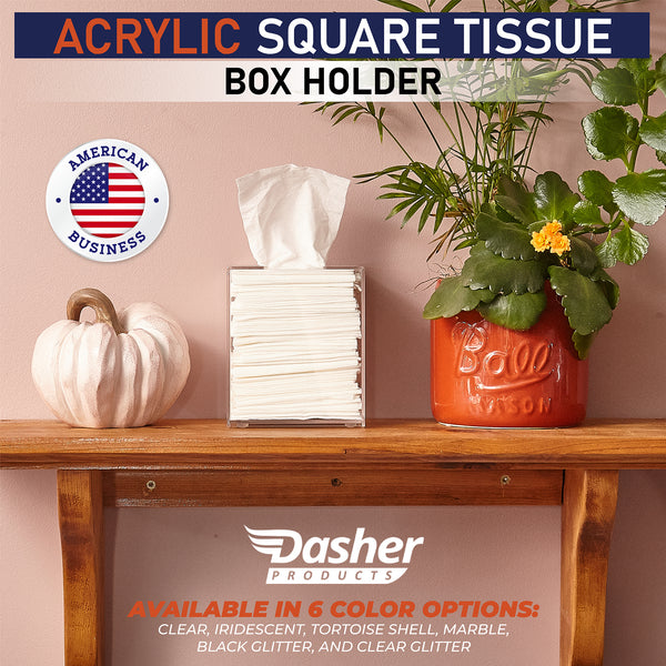 Acrylic Tissue Box Holder, Square Clear Tissue Box Dispenser for Facial Tissue, Napkins, Dryer Sheets. Perfect for Bathroom, Desks, Countertop, Vanity, Bedroom Dressers, Night Stands (Square, Clear)