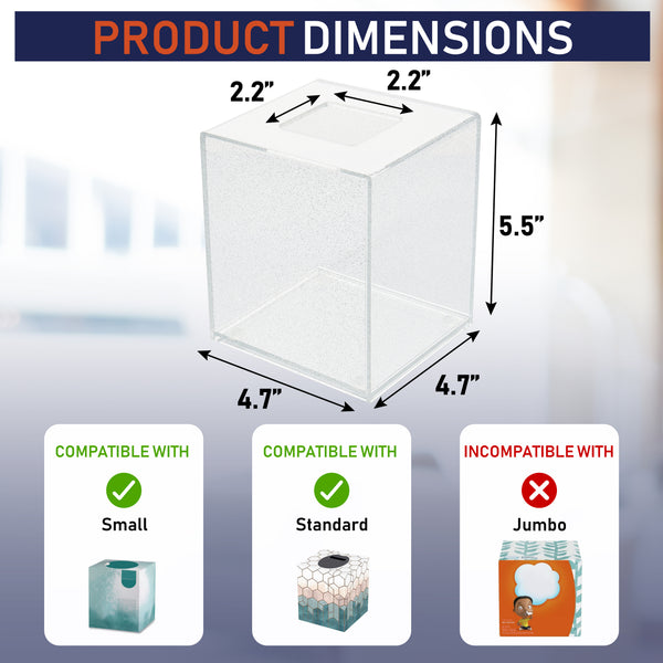 Acrylic Tissue Box Holder, Square Tissue Box Dispenser for Facial Tissue, Napkins, Dryer Sheets. Perfect for Bathroom, Desks, Countertop, Vanity, Bedroom Dressers, Night Stands (Square, Clear Glitter)