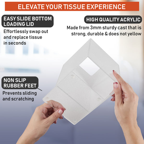 Acrylic Tissue Box Holder, Square Tissue Box Dispenser for Facial Tissue, Napkins, Dryer Sheets. Perfect for Bathroom, Desks, Countertop, Vanity, Bedroom Dressers, Night Stands (Square, Clear Glitter)