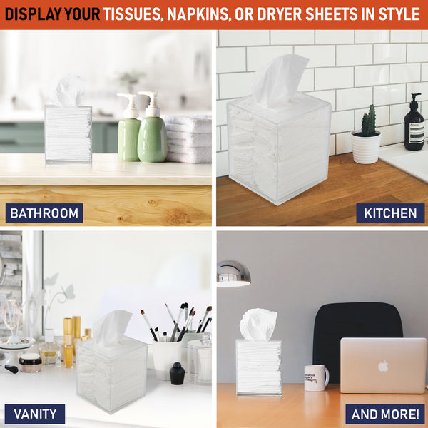 Acrylic Tissue Box Holder, Square Tissue Box Dispenser for Facial Tissue, Napkins, Dryer Sheets. Perfect for Bathroom, Desks, Countertop, Vanity, Bedroom Dressers, Night Stands (Square, Clear Glitter)
