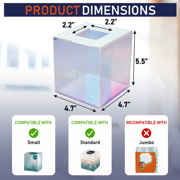 Acrylic Tissue Box Holder, Clear Tissue Box Dispenser for Facial Tissue, Napkins, Dryer Sheets. Perfect Cover for Bathroom, Desks, Countertops, Vanity, Bedroom, Night Stands (Square, Iridescent)