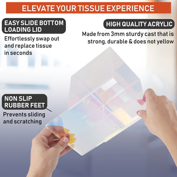 Acrylic Tissue Box Holder, Clear Tissue Box Dispenser for Facial Tissue, Napkins, Dryer Sheets. Perfect Cover for Bathroom, Desks, Countertops, Vanity, Bedroom, Night Stands (Square, Iridescent)