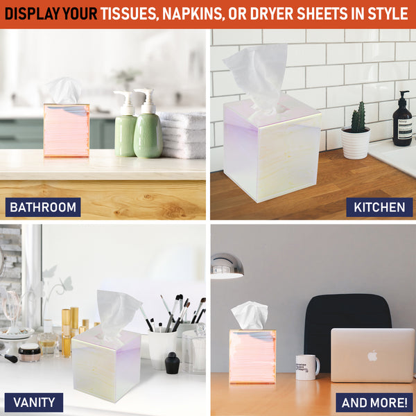 Acrylic Tissue Box Holder, Clear Tissue Box Dispenser for Facial Tissue, Napkins, Dryer Sheets. Perfect Cover for Bathroom, Desks, Countertops, Vanity, Bedroom, Night Stands (Square, Iridescent)