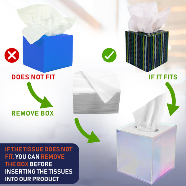 Acrylic Tissue Box Holder, Clear Tissue Box Dispenser for Facial Tissue, Napkins, Dryer Sheets. Perfect Cover for Bathroom, Desks, Countertops, Vanity, Bedroom, Night Stands (Square, Iridescent)
