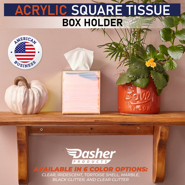 Acrylic Tissue Box Holder, Clear Tissue Box Dispenser for Facial Tissue, Napkins, Dryer Sheets. Perfect Cover for Bathroom, Desks, Countertops, Vanity, Bedroom, Night Stands (Square, Iridescent)