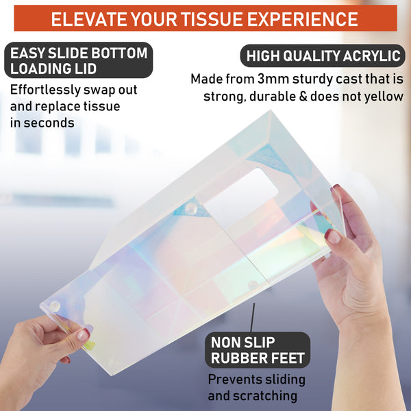 Acrylic Tissue Box Holder, Clear Tissue Box Dispenser for Facial Tissue, Napkins, Dryer Sheets. Perfect Cover for Bathroom, Desks, Countertops, Vanity, Bedroom, Night Stands (Rectangle, Iridescent)