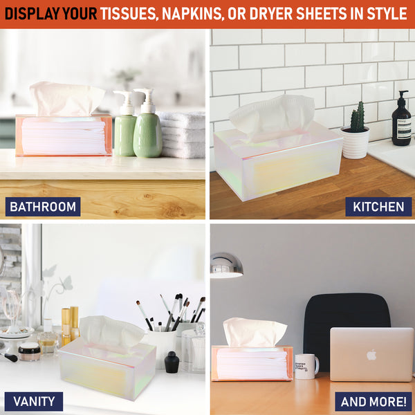 Acrylic Tissue Box Holder, Clear Tissue Box Dispenser for Facial Tissue, Napkins, Dryer Sheets. Perfect Cover for Bathroom, Desks, Countertops, Vanity, Bedroom, Night Stands (Rectangle, Iridescent)