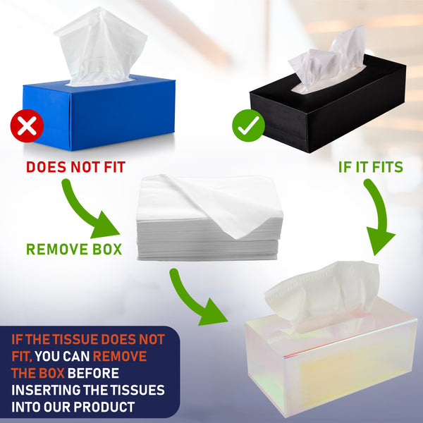 Acrylic Tissue Box Holder, Clear Tissue Box Dispenser for Facial Tissue, Napkins, Dryer Sheets. Perfect Cover for Bathroom, Desks, Countertops, Vanity, Bedroom, Night Stands (Rectangle, Iridescent)