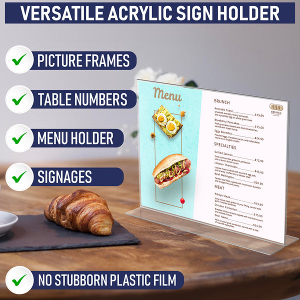 Acrylic Sign Holder 11 x 8.5 - Acrylic T Shape Table Top Display Stand, 6 Pack, Double Sided, Bottom Load, Landscape Style Menu Ad Frame. Perfect for Restaurants, Promotions, Photo Frames, Classroom