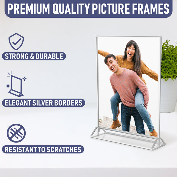 Silver Picture Frames Double Sided - 6 Pack - 5x7 Acrylic Silver Table Number Holders, Clear Easel Table Stands for Signs, Silver Frames for Wedding Table Numbers, Menu Holder, Photo Frame