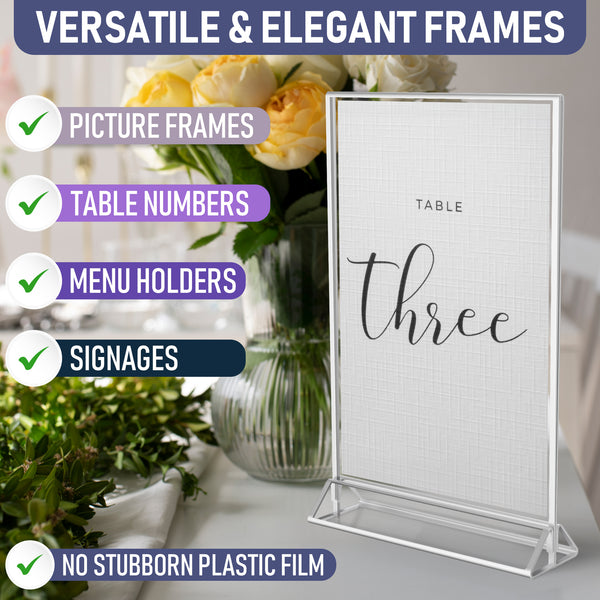 Silver Picture Frames Double Sided - 6 Pack - 5x7 Acrylic Silver Table Number Holders, Clear Easel Table Stands for Signs, Silver Frames for Wedding Table Numbers, Menu Holder, Photo Frame