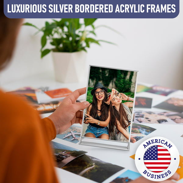 Silver Picture Frames Double Sided - 6 Pack - 5x7 Acrylic Silver Table Number Holders, Clear Easel Table Stands for Signs, Silver Frames for Wedding Table Numbers, Menu Holder, Photo Frame