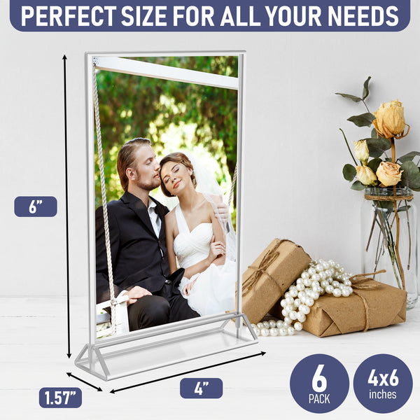 Silver Picture Frames Double Sided - 6 Pack - 4x6 Acrylic Silver Table Number Holders, Clear Easel Table Stands for Signs, Silver Frames for Wedding Table Numbers, Menu Holder, Photo Frame