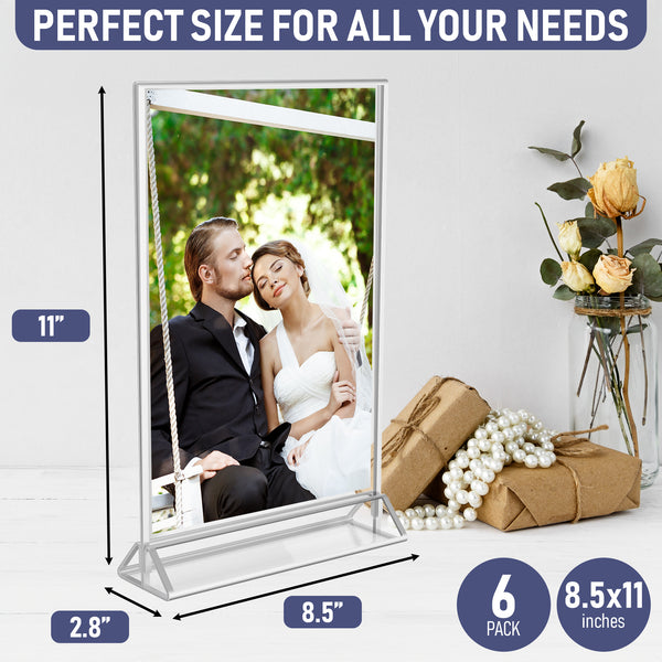 Silver Picture Frames Double Sided - 6 Pack - 8.5x11 Acrylic Silver Table Number Holders, Clear Easel Table Stands for Signs, Silver Frames for Wedding Table Numbers, Menu Holder, Photo Frame