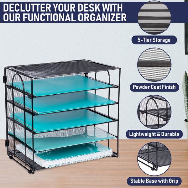 Five Tier Office Desk Organizers, No Tools Required for Assembly, Letter Tray in Black Metal Mesh for Organizing Files, Papers, Bills, Folders, Binders. Office Desk Organizers and Accessories