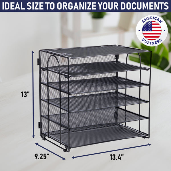 Five Tier Office Desk Organizers, No Tools Required for Assembly, Letter Tray in Black Metal Mesh for Organizing Files, Papers, Bills, Folders, Binders. Office Desk Organizers and Accessories