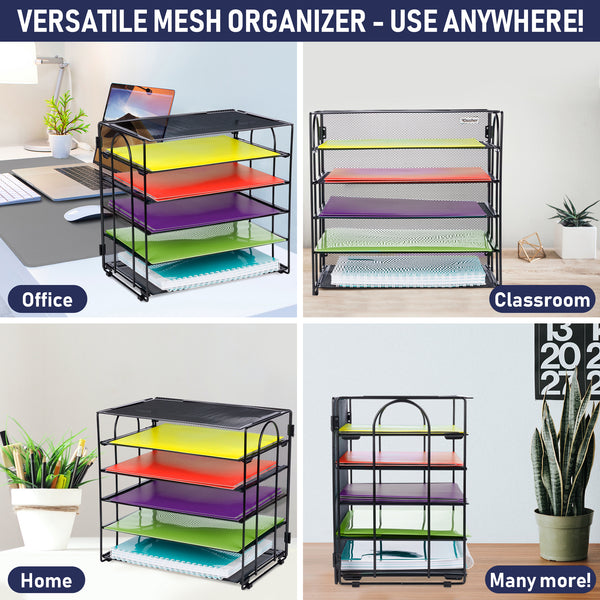 Five Tier Office Desk Organizers, No Tools Required for Assembly, Letter Tray in Black Metal Mesh for Organizing Files, Papers, Bills, Folders, Binders. Office Desk Organizers and Accessories