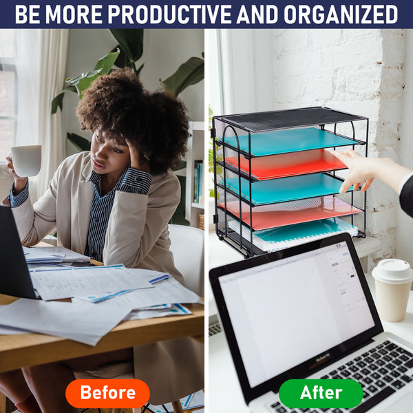Five Tier Office Desk Organizers, No Tools Required for Assembly, Letter Tray in Black Metal Mesh for Organizing Files, Papers, Bills, Folders, Binders. Office Desk Organizers and Accessories