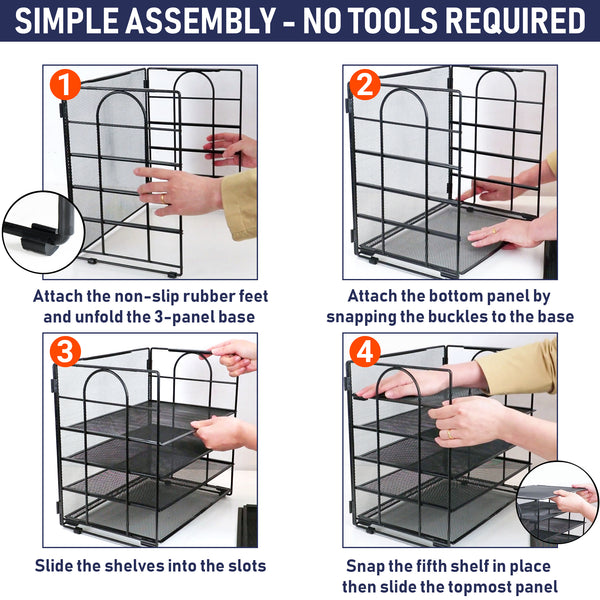 Five Tier Office Desk Organizers, No Tools Required for Assembly, Letter Tray in Black Metal Mesh for Organizing Files, Papers, Bills, Folders, Binders. Office Desk Organizers and Accessories
