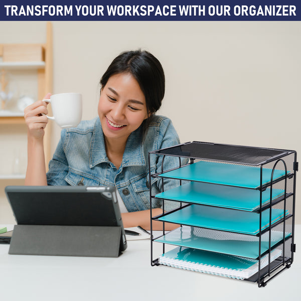 Five Tier Office Desk Organizers, No Tools Required for Assembly, Letter Tray in Black Metal Mesh for Organizing Files, Papers, Bills, Folders, Binders. Office Desk Organizers and Accessories