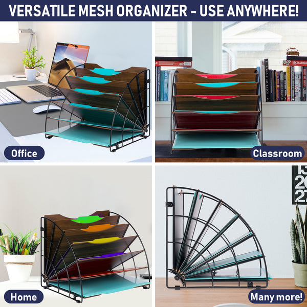 Fan Shaped Office Desk Organizers, 6 Compartments with Wood Patterned Shelves, Office Supplies Desk Organizer for Storage of Paper, Bills, Letters, Multi-Functional Desk Organizers and Accessories