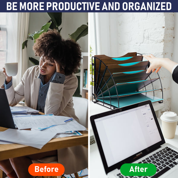 Fan Shaped Office Desk Organizers, 6 Compartments with Wood Patterned Shelves, Office Supplies Desk Organizer for Storage of Paper, Bills, Letters, Multi-Functional Desk Organizers and Accessories