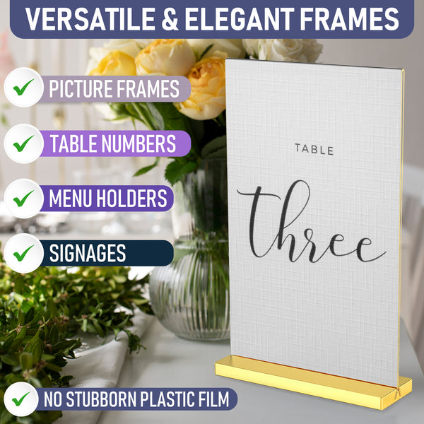 8.5x11 Luxurious Acrylic Gold Frames, 6 pack, Stunning Photo Displays, Enhance Your Event Ambience with Exquisite Gold Table Number Holders, Showcase Memories in Style with Elegant Gold Sign Holder