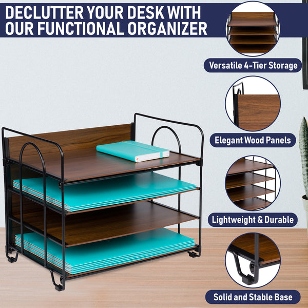 Office Organizer with 4 Tiers, Desk File Organizer with Wood Patterned Shelves, Office Supplies Desk Organizer for Storage of Paper, Bills, Letters, Multi-Functional Desk Organizers and Accessories