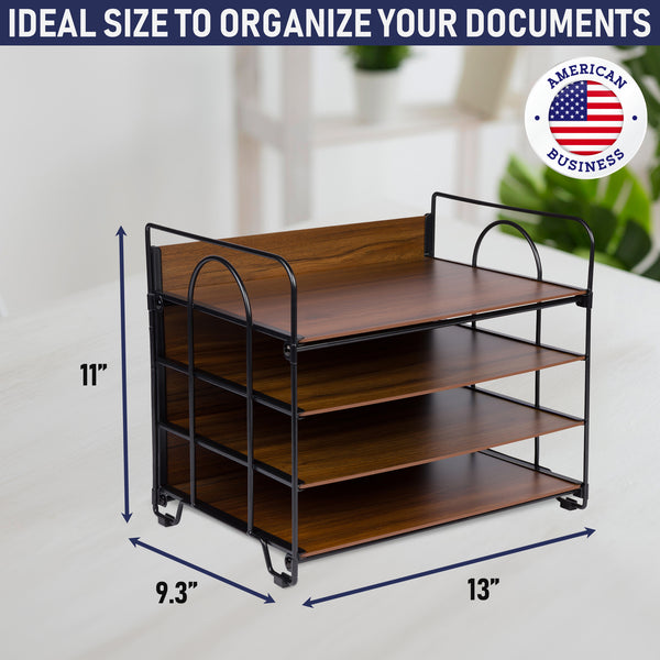 Office Organizer with 4 Tiers, Desk File Organizer with Wood Patterned Shelves, Office Supplies Desk Organizer for Storage of Paper, Bills, Letters, Multi-Functional Desk Organizers and Accessories