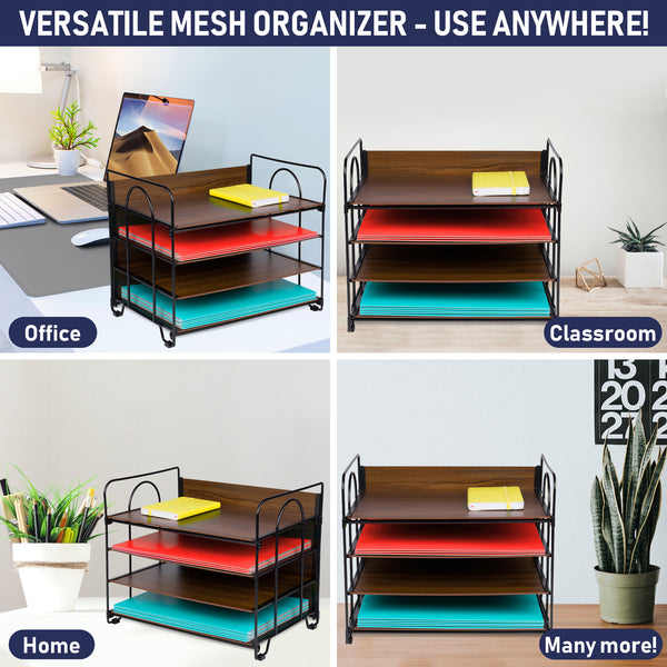 Office Organizer with 4 Tiers, Desk File Organizer with Wood Patterned Shelves, Office Supplies Desk Organizer for Storage of Paper, Bills, Letters, Multi-Functional Desk Organizers and Accessories