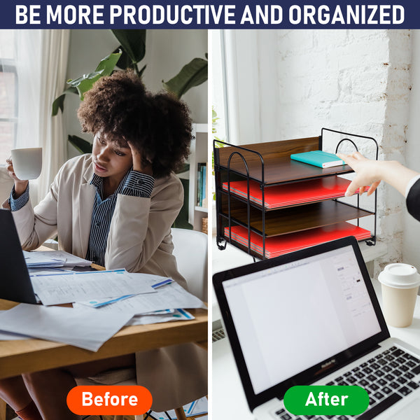 Office Organizer with 4 Tiers, Desk File Organizer with Wood Patterned Shelves, Office Supplies Desk Organizer for Storage of Paper, Bills, Letters, Multi-Functional Desk Organizers and Accessories