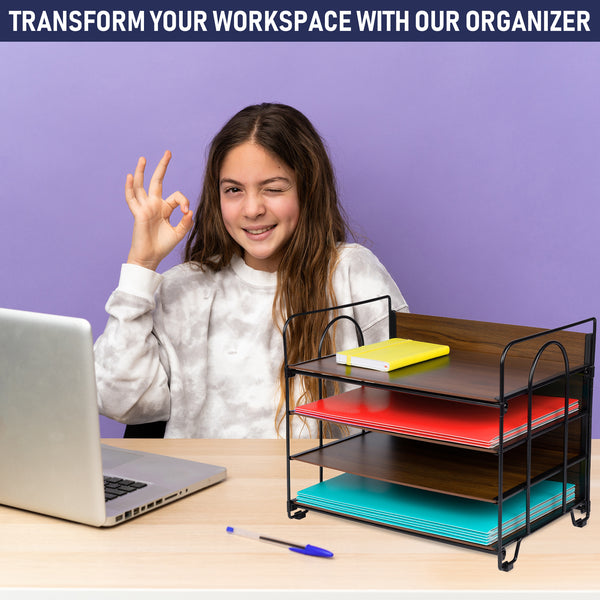 Office Organizer with 4 Tiers, Desk File Organizer with Wood Patterned Shelves, Office Supplies Desk Organizer for Storage of Paper, Bills, Letters, Multi-Functional Desk Organizers and Accessories