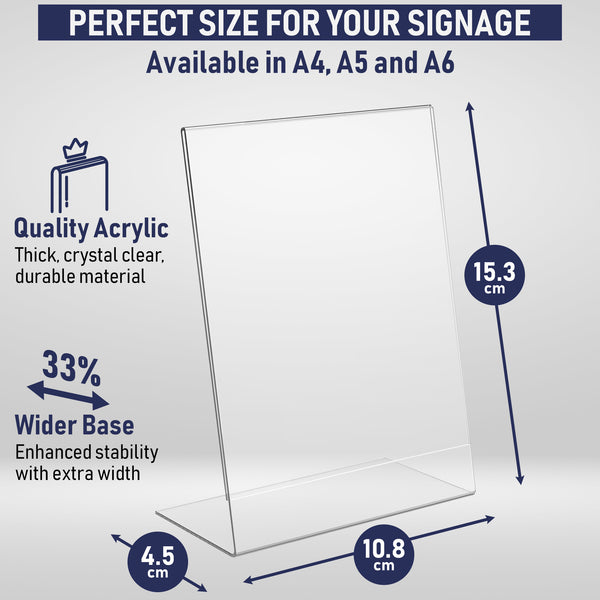 Slant Back Acrylic Sign Holder A6, 6 Pack, Portrait Ad Frames, Clear Picture Frame for Signs, Brochure, Flyer, Menu, Paper, Poster, Display. Slanted Plastic Message Board Stand for Home, Office, Store (Copy)