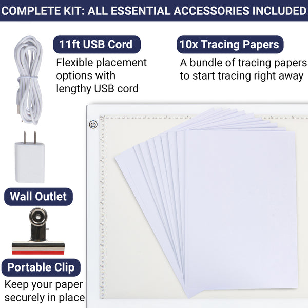 LED Tracing Light Box, Ultra Thin Light Pad with Adjustable Brightness. Comes with USB Cable, Adapter, Tracing Paper, Clip. Light Table Drawing Pad, Portable Light Board for Sketching, Cricut Lightbox