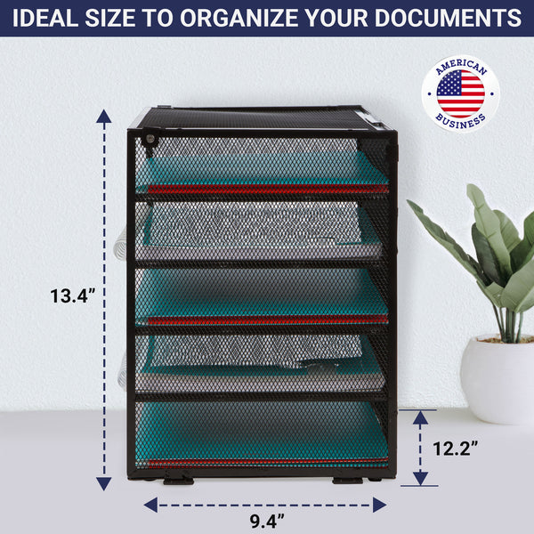 Desk Organizer Tray - Letter Tray in Black Metal Mesh for Organizing Files, Papers, Bills, Folders, Letters, Binders, and More. Desktop Paper Tray Rack for Home, Office, or School  (5 Tier)