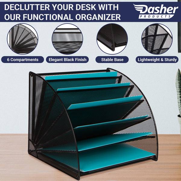 Mesh Office Organizer for Desk - Fan Shaped Desktop Organizer with 6 Compartments for Filing Paper, Bills, Letters. Desk File Organizer for Work, School, Office, Waiting Room, Classroom, and More
