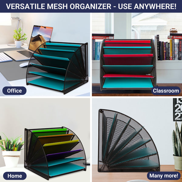 Mesh Office Organizer for Desk - Fan Shaped Desktop Organizer with 6 Compartments for Filing Paper, Bills, Letters. Desk File Organizer for Work, School, Office, Waiting Room, Classroom, and More