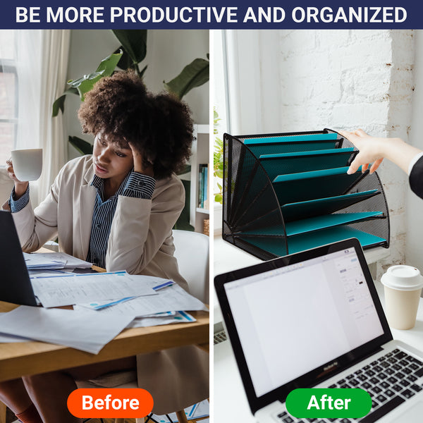 Mesh Office Organizer for Desk - Fan Shaped Desktop Organizer with 6 Compartments for Filing Paper, Bills, Letters. Desk File Organizer for Work, School, Office, Waiting Room, Classroom, and More