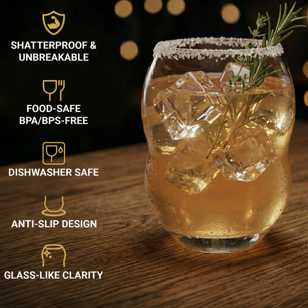 Unbreakable Plastic Stemless Wine Glasses 18 oz - 100% Tritan - Proprietary Anti Slip Design - BPA Free, Dishwasher Safe, Shatterproof - Heavy Duty Base and Extra Thick Glassware Tumblers - Set of 4