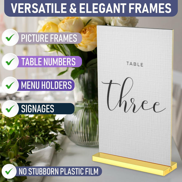 8.5x11 Luxurious Acrylic Gold Frames, 6 pack, Stunning Photo Displays, Enhance Your Event Ambience with Exquisite Gold Table Number Holders, Showcase Memories in Style with Elegant Golden Sign Holder