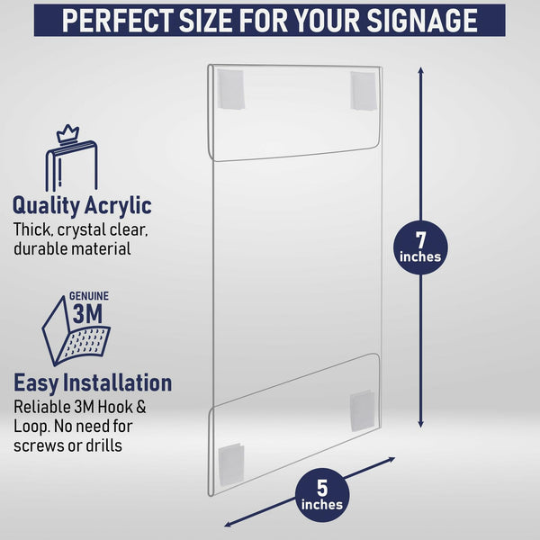 Acrylic Sign Holder with Hook and Loop Adhesive, 5 x 7 inches - Portrait or 7 x 5 inches - Landscape, Clear Wall Mount Frame, Perfect for home, office, store, restaurant (6 Pack)