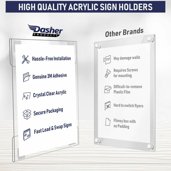 Acrylic Sign Holder with Hook and Loop Adhesive, 5 x 7 inches - Portrait or 7 x 5 inches - Landscape, Clear Wall Mount Frame, Perfect for home, office, store, restaurant (6 Pack)