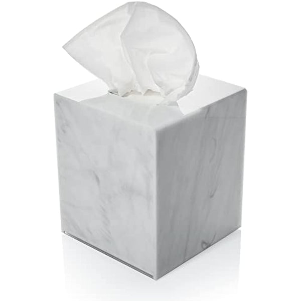 Acrylic Tissue Box Holder, Square Tissue Box Dispenser for Facial Tissue, Napkins, Dryer Sheets. Perfect for Bathroom, Desks, Countertop, Vanity, Bedroom Dressers, Night Stands (Square, Marble)