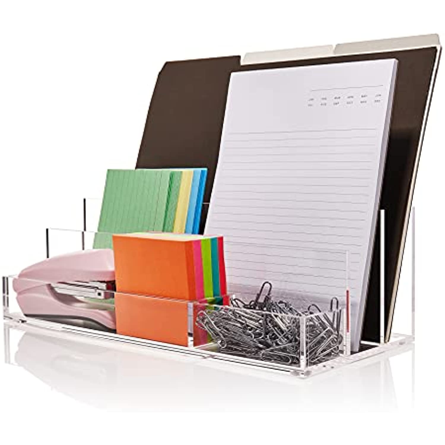 Acrylic Desk Organizer for Office Supplies and Desk Accessories, 12.5 x 5.5 x 4 and 5mm Acrylic Valet to Organize Documents, Files, Mail, Paper Clips, Sticky Notes, Tablet, and Other Storage (Clear)