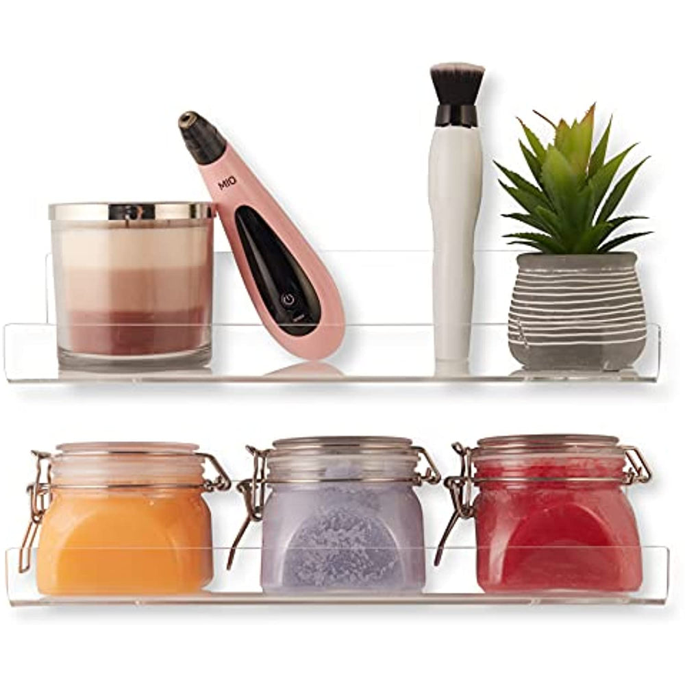 Clear Acrylic Floating Wall Shelves, Two Pack, 15 Inch Wall Bookshelf for Kids, 5 mm Acrylic Shelves for Kitchen, Shower, Nursery. Spice Rack, Display Organizer, Bathroom Storage Shelves (Clear)