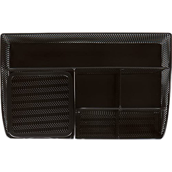Office Desk Organizers and Accessories - 6 Compartment Black Mesh Office Organizer with Sliding Drawer, Desktop Organizer Caddy for Storing Pens, Pencils, Notepads, Staplers, Bills, Paper Clips