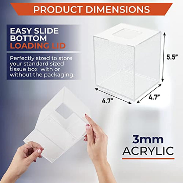 Acrylic Tissue Box Holder, Square Tissue Box Dispenser for Facial Tissue, Napkins, Dryer Sheets. Perfect for Bathroom, Desks, Countertop, Vanity, Bedroom Dressers, Night Stands (Square, Clear Glitter)