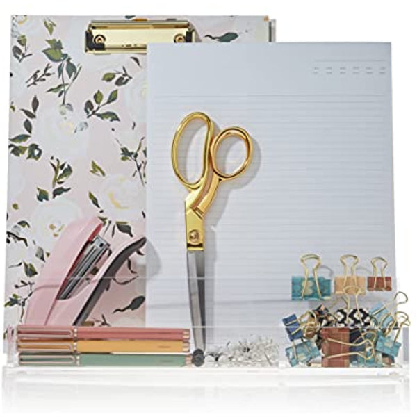 Acrylic Desk Organizer for Office Supplies and Desk Accessories, 12.5 x 5.5 x 4 and 5mm Acrylic Valet to Organize Documents, Files, Mail, Paper Clips, Sticky Notes, Tablet, and Other Storage (Clear)