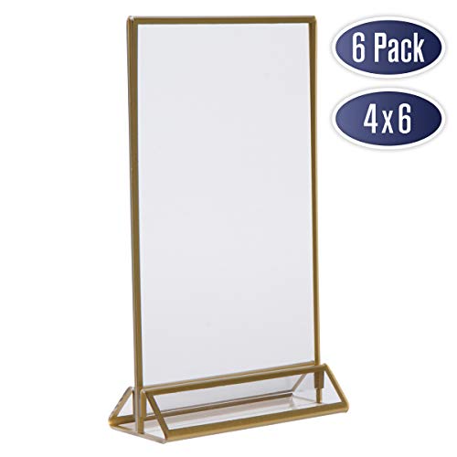 Dasher Products Gold Picture Frames Double Sided - 6 Pack - 4x6 Acrylic Gold Table Number Holders, Clear Easel Table Stands for Signs, Gold Frames for Wedding Table Numbers, Menu Holder, Photo Frame